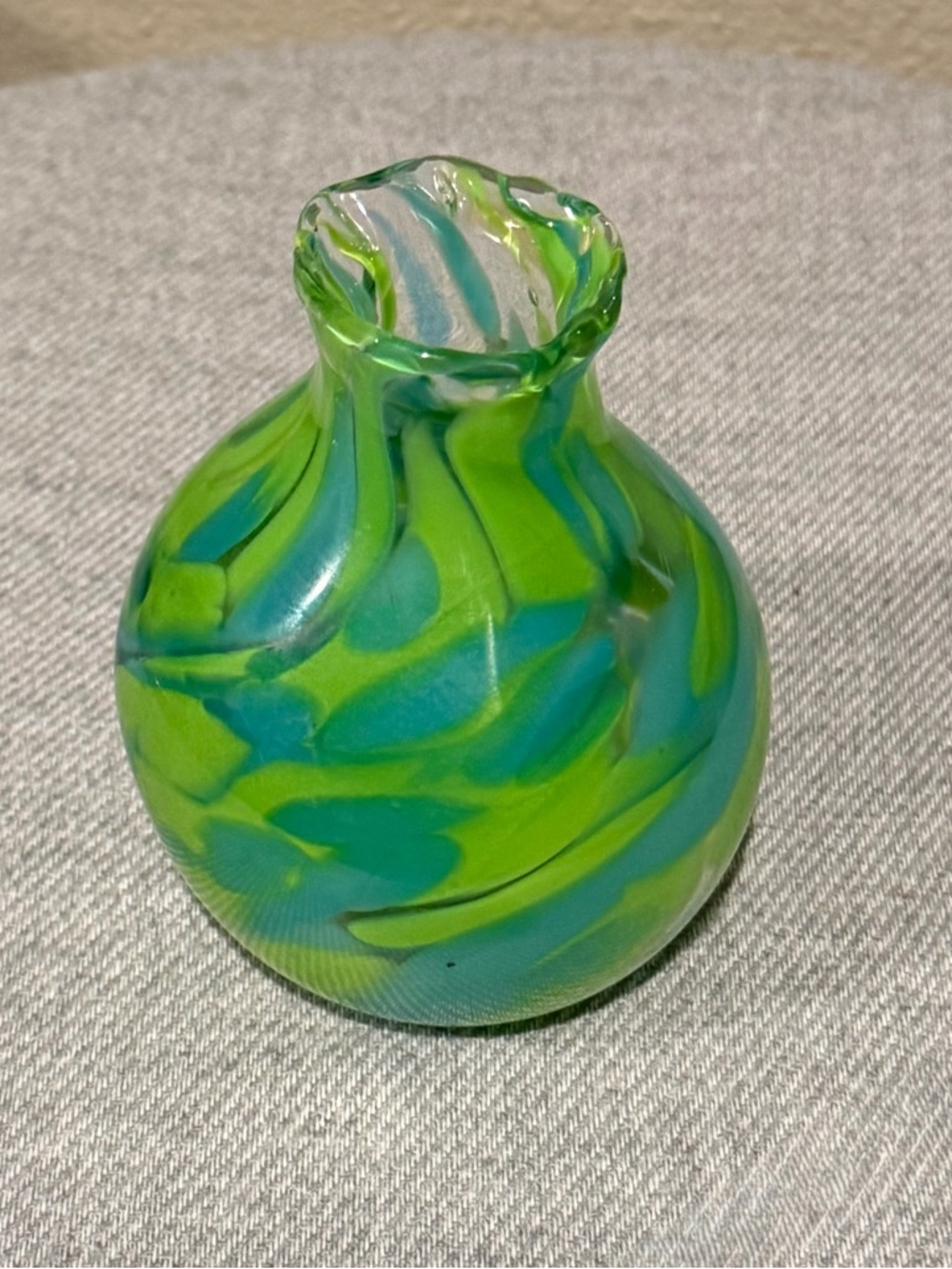 Small, Hand-Blown Green & Teal Swirl Murano Glass Bud Vase